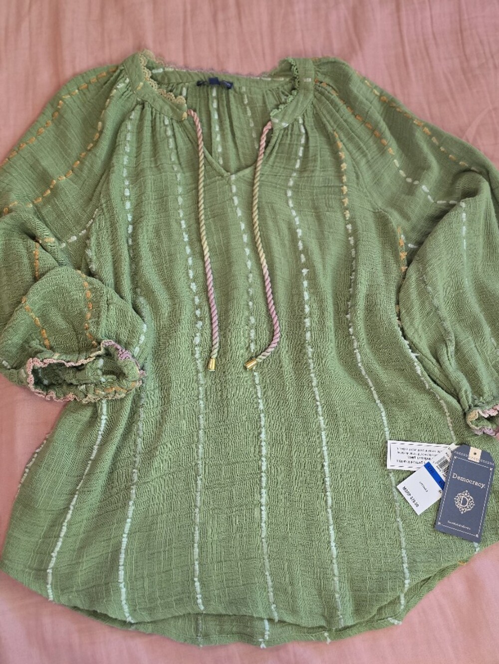 Democracy Green Textured Peasant Top with Tie NWT